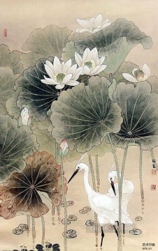 Chino Painting - Garceta en estanque de nenúfares chino antiguo